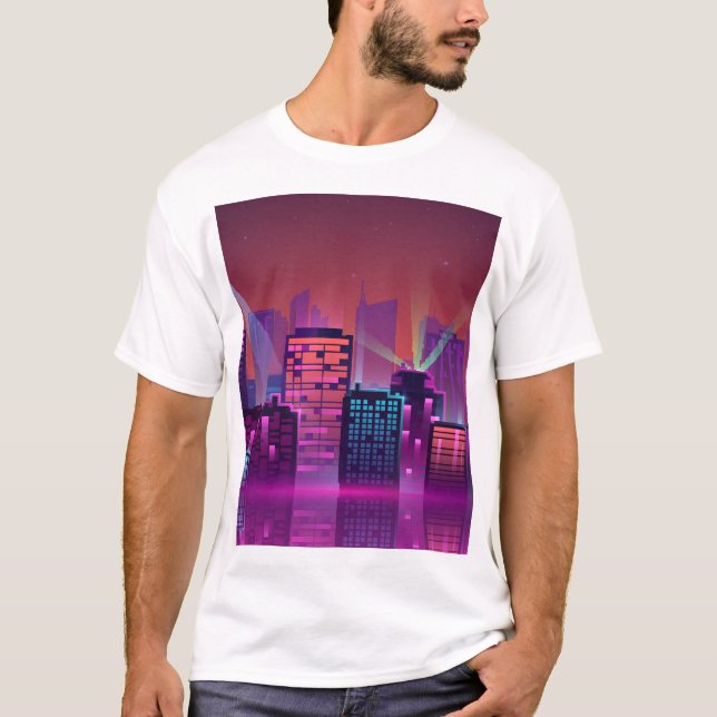 Camiseta Paisaje urbano nocturno brillante, vintage. (Anverso)