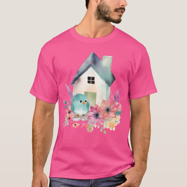 Camiseta Pájaro azul acuarela en frito salvaje de flores (Anverso)