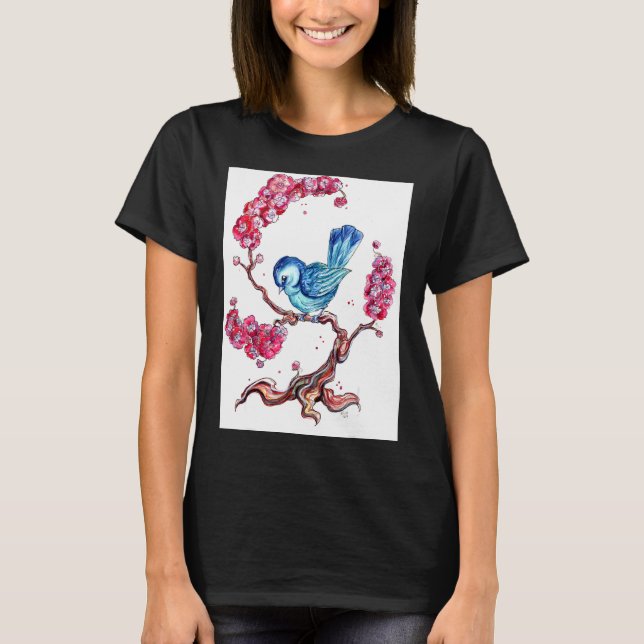 Camiseta Pájaro Azul Con Flor de Cerezo (Anverso)