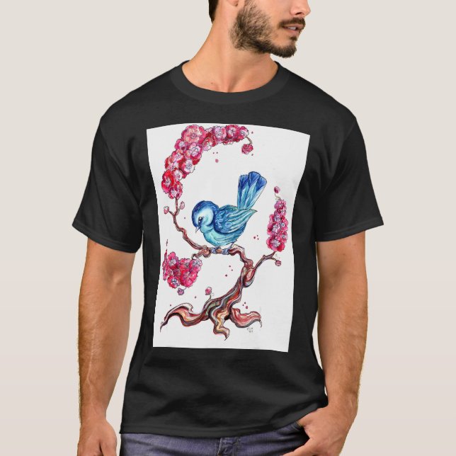 Camiseta Pájaro Azul Con Flor de Cerezo (Anverso)