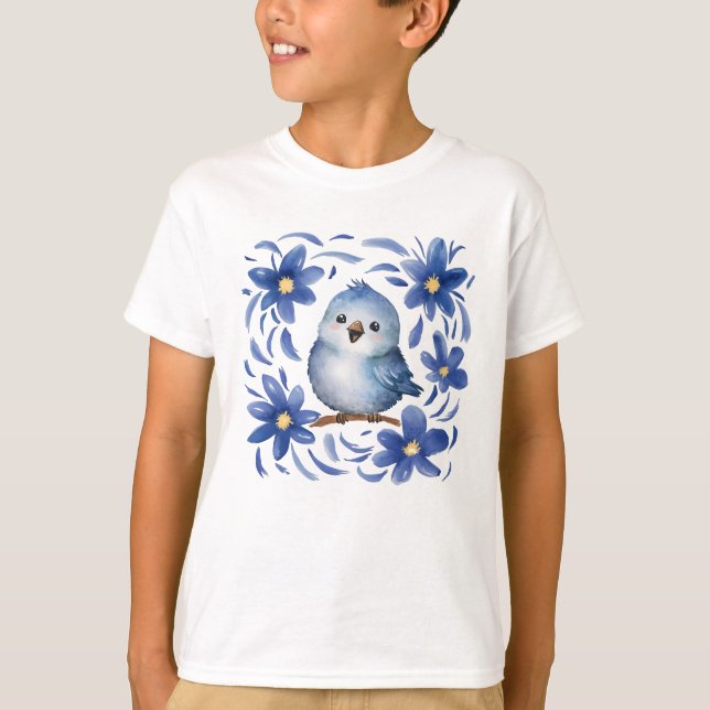 Camiseta Pájaro azul con flores (Anverso)