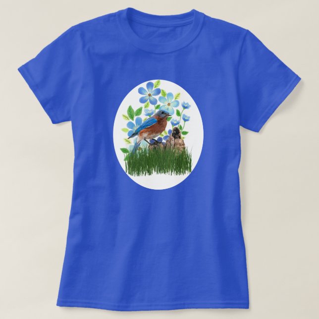 Camiseta Pájaro azul en el Jardín de Flores / Ave Amante (Diseño del anverso)
