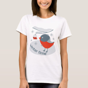Camiseta Pájaro bullfinch de invierno y bayas rojas T-Shi