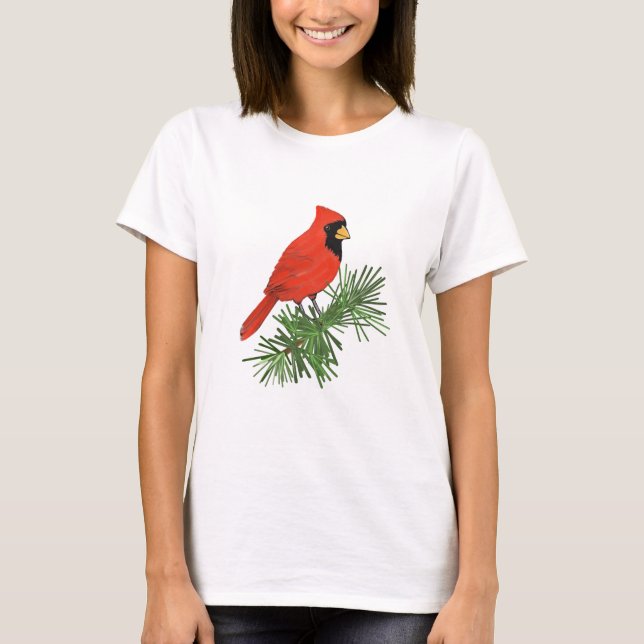 Camiseta Pájaro cardenal rojo en árbol de pino (Anverso)