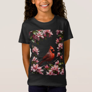 Camiseta Pájaro Cardinal Lindo y Flores Rosadas