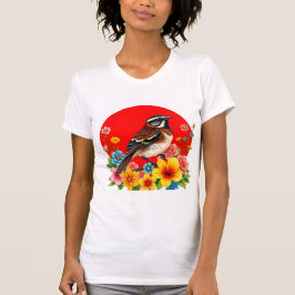 Camiseta Pájaro colorido encaramado entre flores