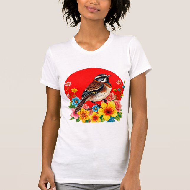 Camiseta Pájaro colorido encaramado entre flores (Anverso)