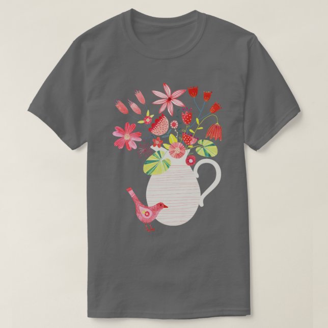 Camiseta Pájaro con una jarra de flores (Diseño del anverso)