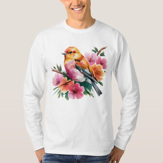 Camiseta Pájaro de flor rosa (Anverso)