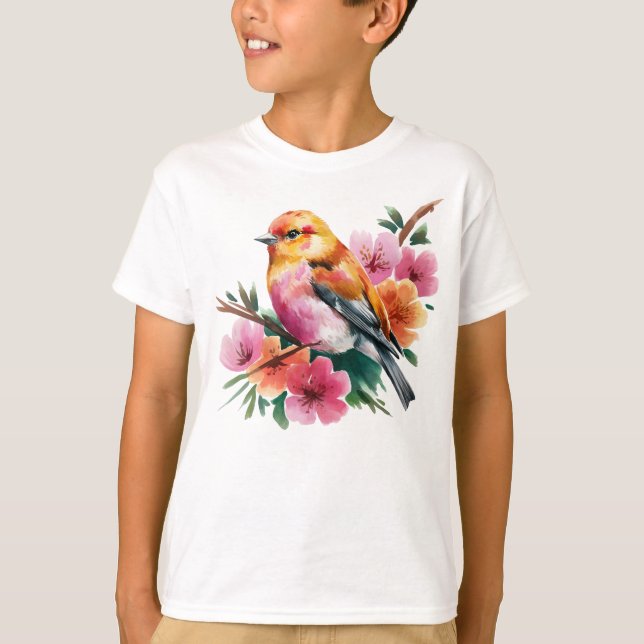 Camiseta Pájaro de Flor Rosa (Anverso)