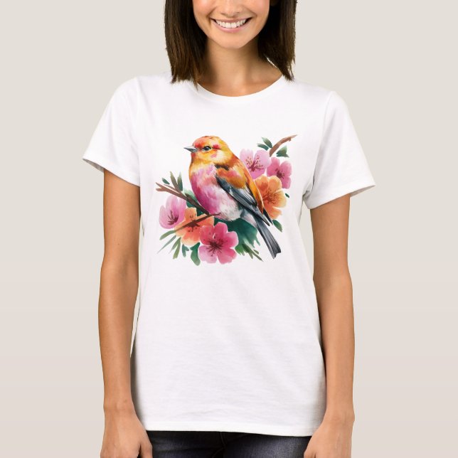 Camiseta Pájaro de Flor Rosa (Anverso)
