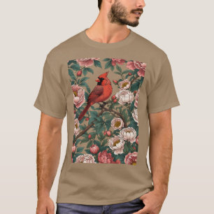 Camiseta Pájaro dinal rojo y flores de peonía