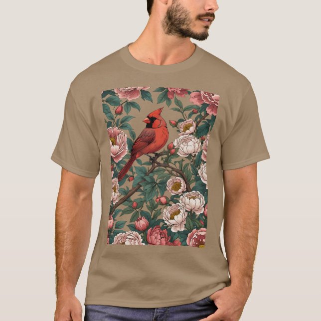 Camiseta Pájaro dinal rojo y flores de peonía (Anverso)