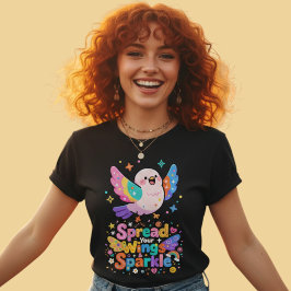 Camiseta Pájaro Kawaii Extiende Alas Brillo Frase