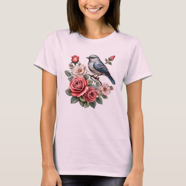 Camiseta pájaro lindo y flores (Anverso)