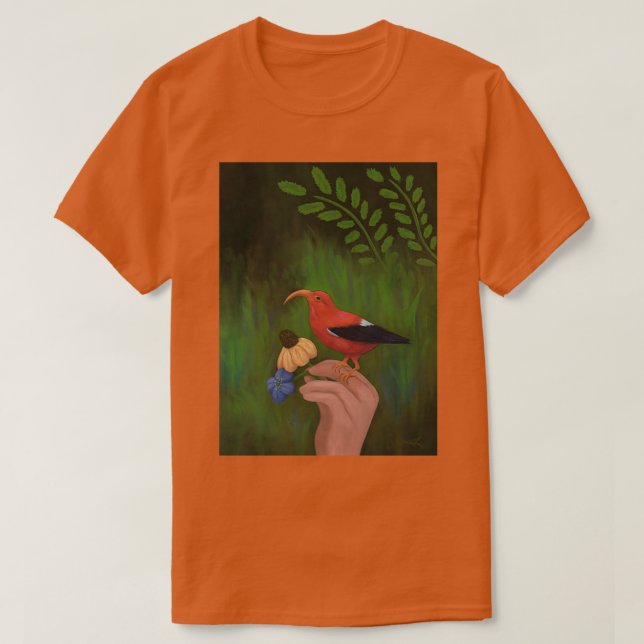 Camiseta Pájaro rojo y flores en la mano ninfa Iiwi Hawaii  (Diseño del anverso)