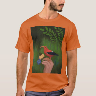 Camiseta Pájaro rojo y flores en la mano ninfa Iiwi Hawaii