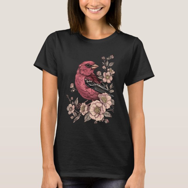 Camiseta Pájaro rosa con rosas (Anverso)