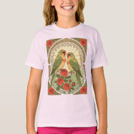 Camiseta Pájaros cantores y rosas rojas Arte Nouveau Ilustr