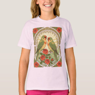Camiseta Pájaros cantores y rosas rojas Arte Nouveau Ilustr