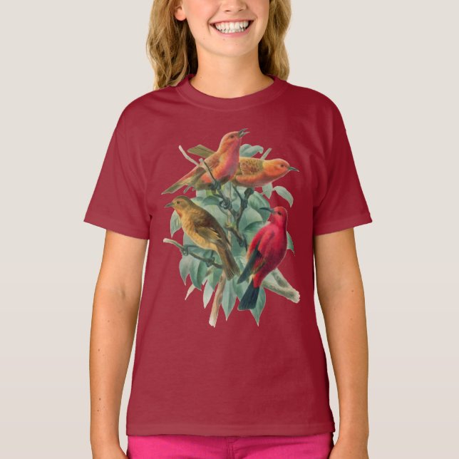 Camiseta Pájaros de colores y hojas verdes (Anverso)