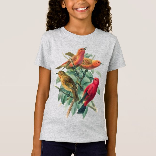 Camiseta Pájaros de colores y hojas verdes (Anverso)