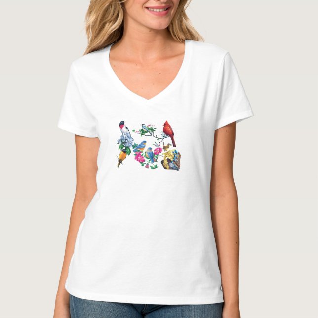 Camiseta Pájaros de Jardín Cuello en V (Anverso)