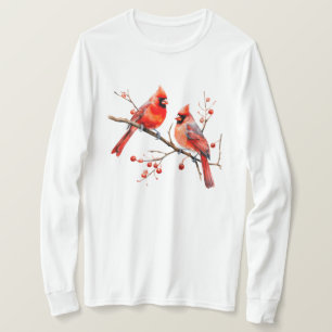 Camiseta Pájaros del cardenal rojo en rama de árbol holly