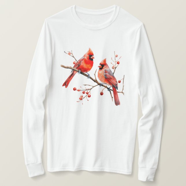 Camiseta Pájaros del cardenal rojo en rama de árbol holly (Anverso del diseño)