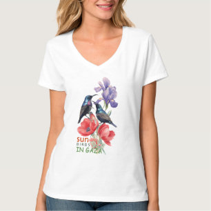 Camiseta Pájaros del sol palestinos en arte floral de Gaza
