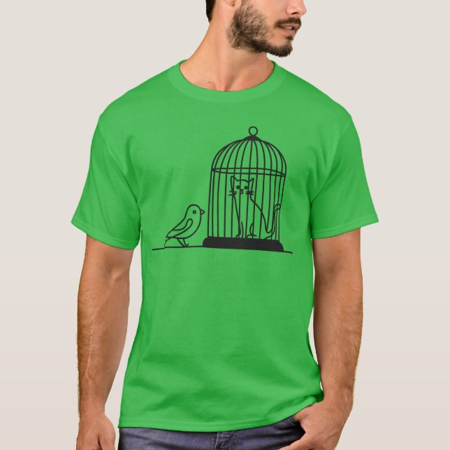 Camiseta Pájaros mirando al gato en jaula de pájaro 1 Vecto (Anverso)