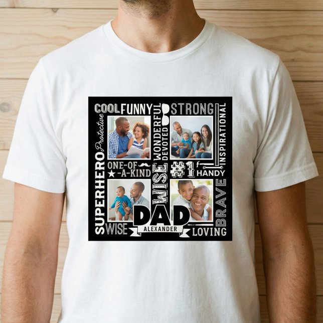 Camiseta Palabras para el Collage de fotos negro del Día de (Personalized Gift #1 Dad Fathers Day Photo Collage T-Shirt)