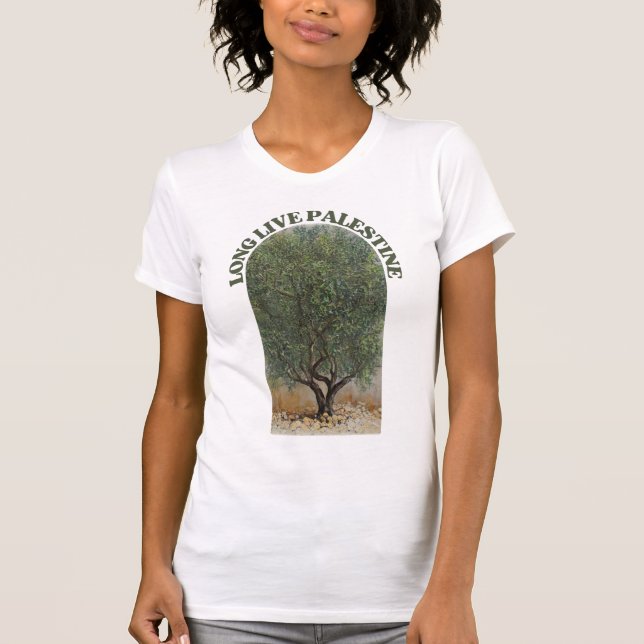 CAMISETA PALESTINA LIBRE DE OLIVOS PALESTINOS DE LARGA VIDA (Anverso)