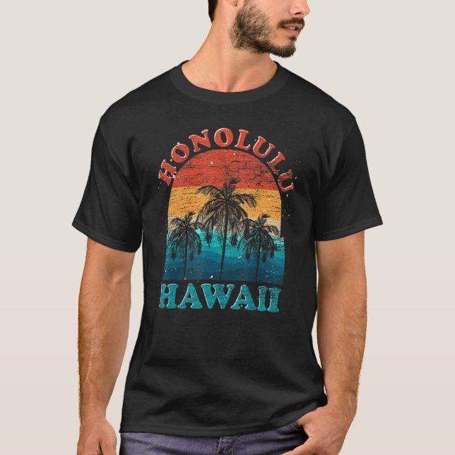 Camiseta Palm Trees Tropical Hawaiian Beach Honolulu Retro (Anverso)