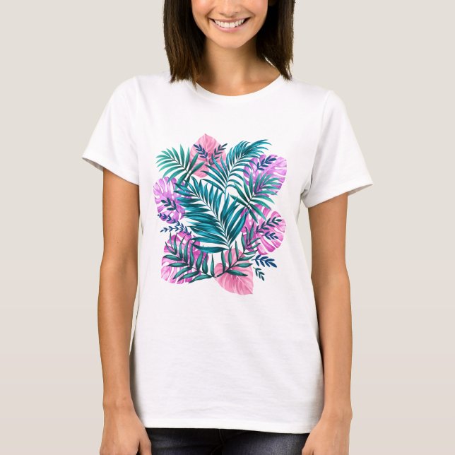 Camiseta Palm tropical rosa y Verde azulada y hojas de mons (Anverso)