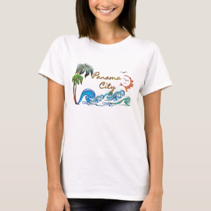 Camiseta palmas 3d, ondas y puesta del sol CIUDAD DE PANAMÁ