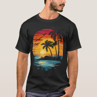 Camiseta Palmera Atardecer Retro Verano Playa Vintage