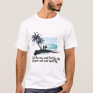 Camiseta Palmera de acuarela azul negra, ave océano Verano