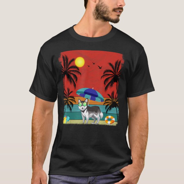 Camiseta Palmera de coco de playa Perro Husky Siberiano Ret (Anverso)