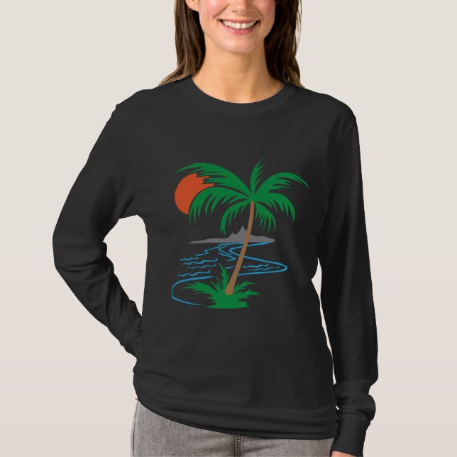 Camiseta Palmera junto al río | Arte de puesta de sol tropi (Anverso)