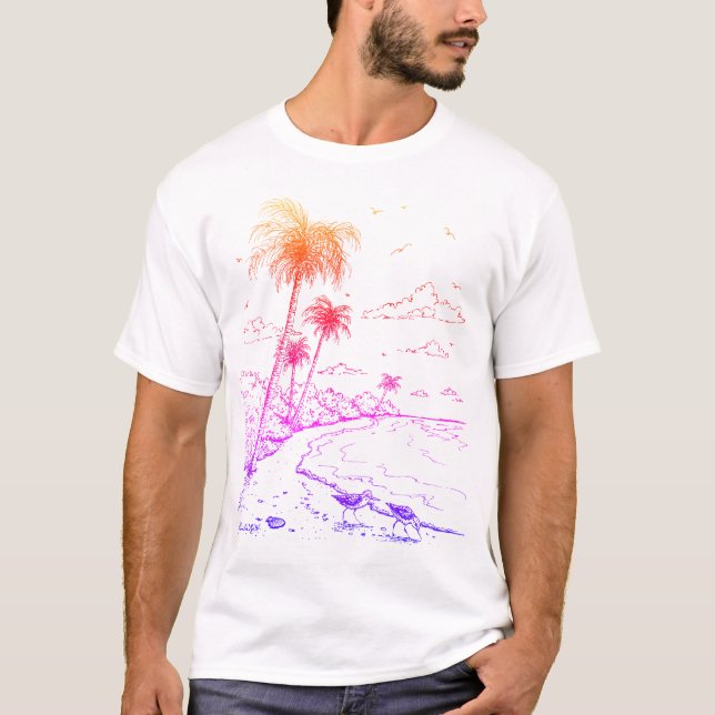 Camiseta Palmeras arcoiris y vida en playa de arena T-Shir (Anverso)