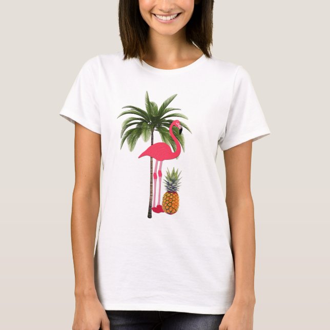 Camiseta Palmeras, flamencos rosados, camisas femeninas de  (Anverso)