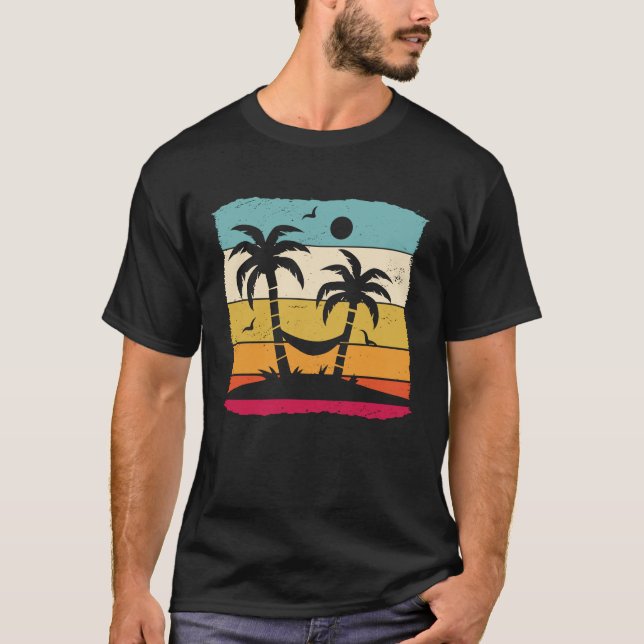Camiseta Palmeras retro con hamaca tropical en la playa (Anverso)