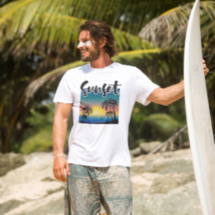 Camiseta Palmeras Retro Playa Atardecer Tropical Verano