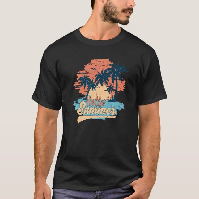 Camiseta Palmeras Retro Sunset Beach Hola Paraíso de Verano (Anverso)