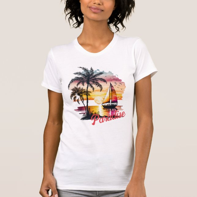 Camiseta Palmeras Tropical Rosa Sunset Sailboat (Anverso)