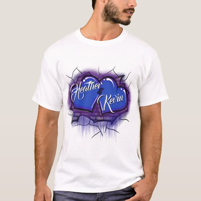 Camiseta Palo de ladrillo azul de corazón doble de aerógraf (Anverso)