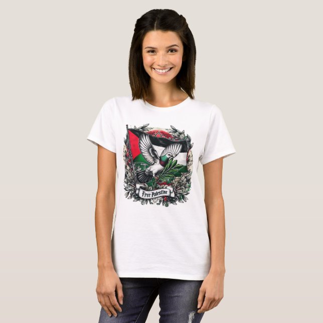 Camiseta Paloma con bandera palestina libre de hoja de oliv (Anverso completo)