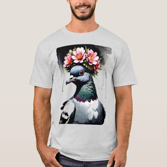 Camiseta Paloma con corona de flores rosas (Anverso)