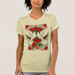 Camiseta Palomas blancas y rosas rojas Art Nouveau
